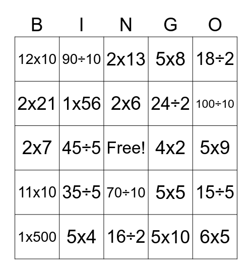 Multiplication and Division Bingo Card