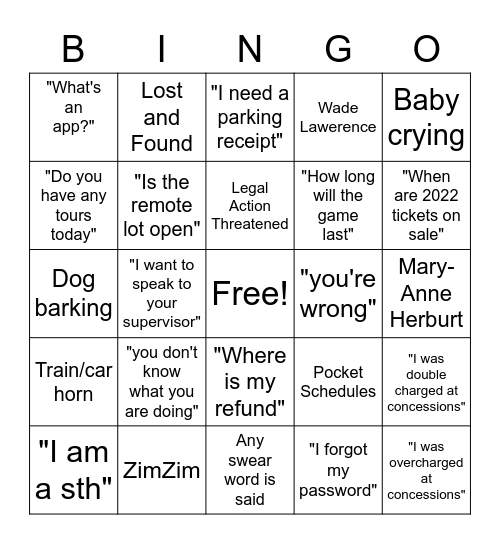 Fan Services Bingo Card