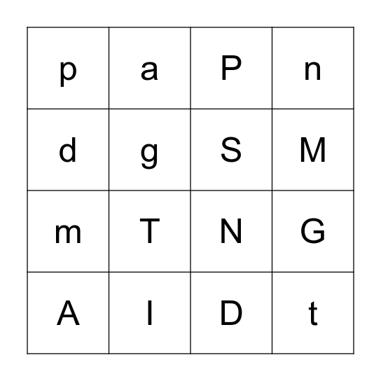 Letter Bingo- Tt, Pp, Nn, Aa, Mm, Dd, Gg, Ss, Ii Bingo Card