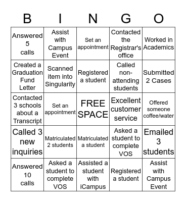 Campus Coordinator Bingo Card