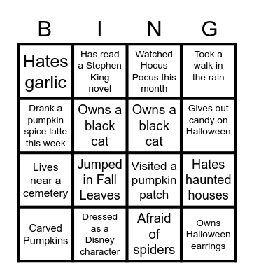 Virtual Fall BINGO Card