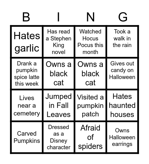 Virtual Fall BINGO Card