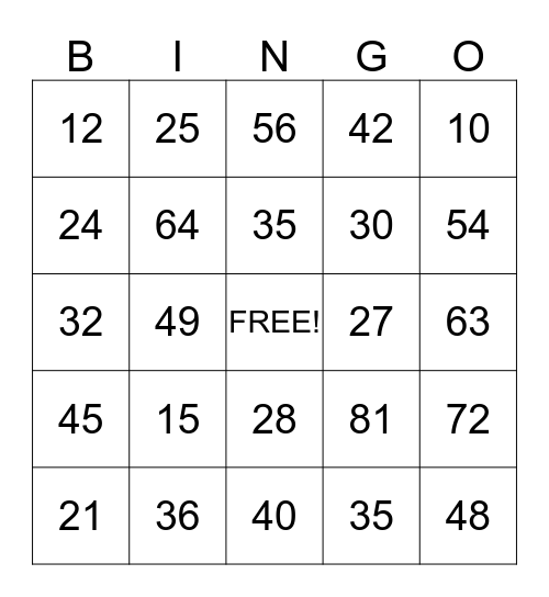 Multiplication Bingo Card