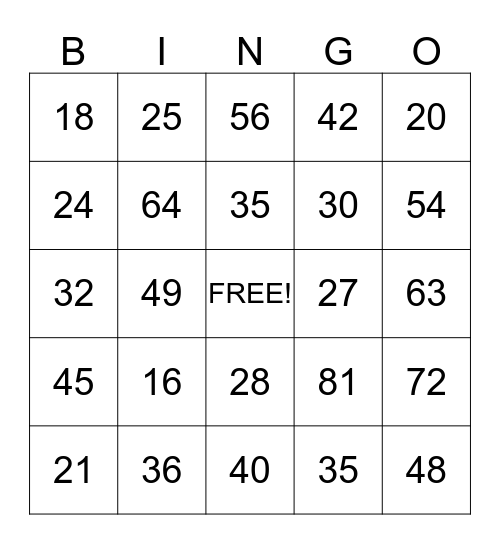 Multiplication Bingo Card