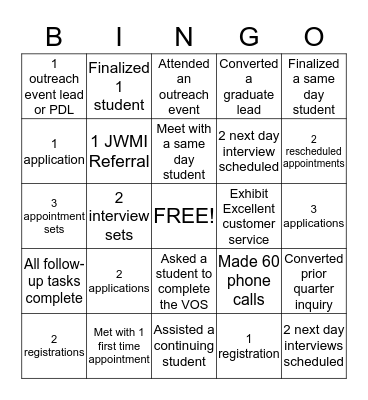 Admissions Bingo Card