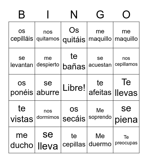 Bingo Reflexivo Bingo Card
