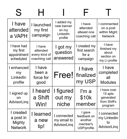 SHIFT Bingo Card