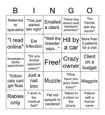 Vet Tech Bingo Card