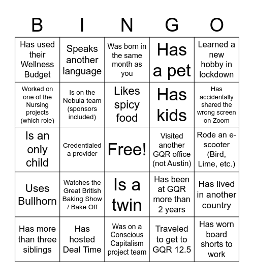 GQR Bingo Card
