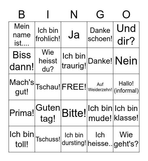 German greetings Bingo Card