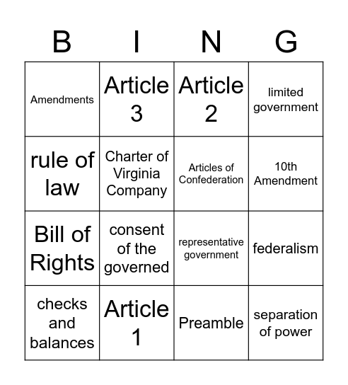 Vocabulary, Articles, Bill of Rights, Documents REVIEW Bingo Card