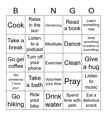 #selfcare bingo Card
