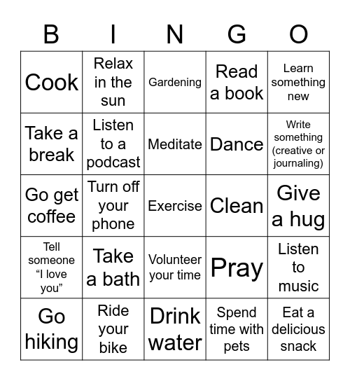 #selfcare bingo Card