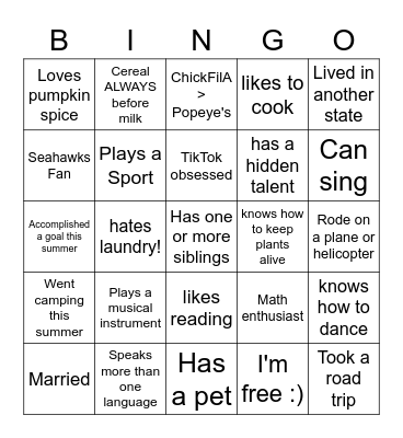 Interesting Personal Facts Bingo Card