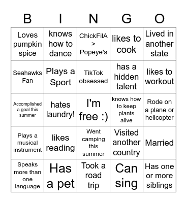 Interesting Personal Facts Bingo Card