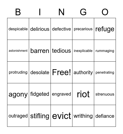 Holes Vocabulary Words Bingo Card