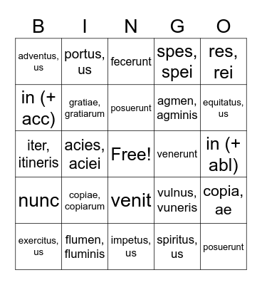 Latin Nouns Bingo Card