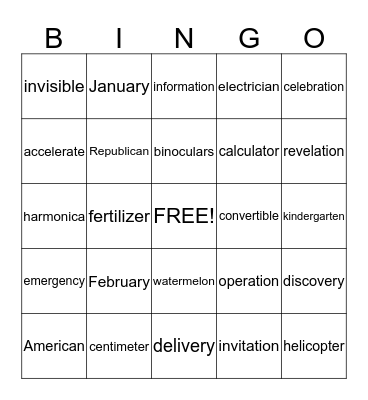 Multisyllabic Words Bingo Card