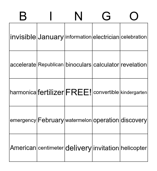 Multisyllabic Words Bingo Card