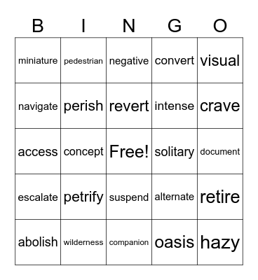 Vocabulary Bingo Card