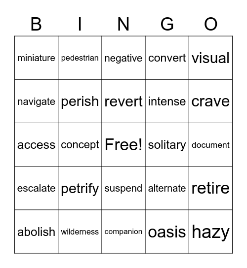 Vocabulary Bingo Card