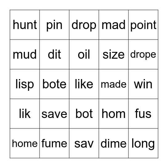 3+ Letters and Magic-e Words Bingo Card