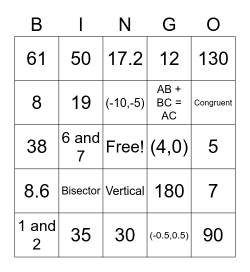 Segments and Angles Bingo Card