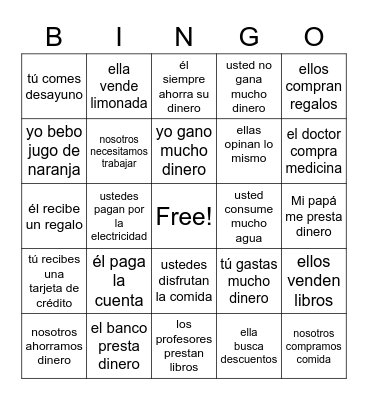 el consumerismo--verbos Bingo Card