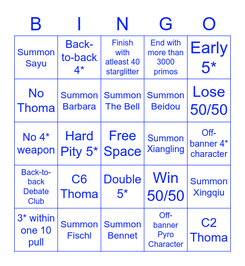 Hu Tao Bingo Card