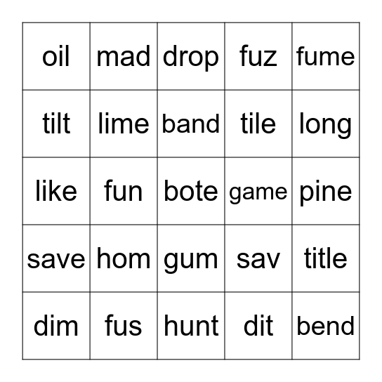 3+ Letters and Magic-E Words Bingo Card