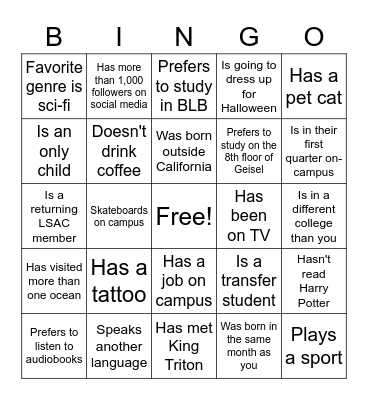 LSAC Orientation Bingo Card