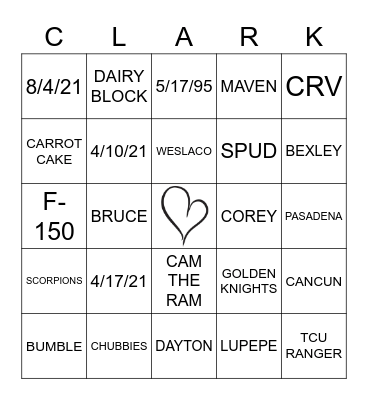 NATE & TAYLOR Bingo Card