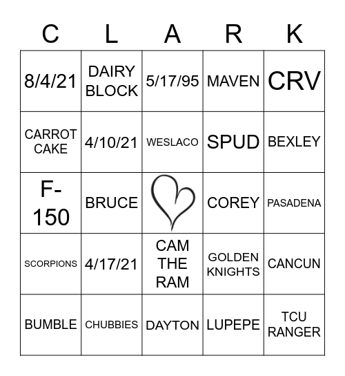 NATE & TAYLOR Bingo Card