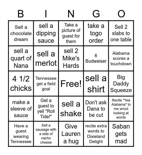 Homecoming Bingo Card