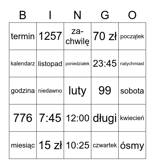 Rachuba czasu Bingo Card