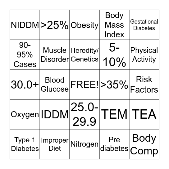 Obesity, Diabetes, Physical Activity Bingo Card