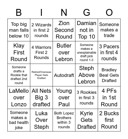2021 NBA Fantasy Draft Bingo Card
