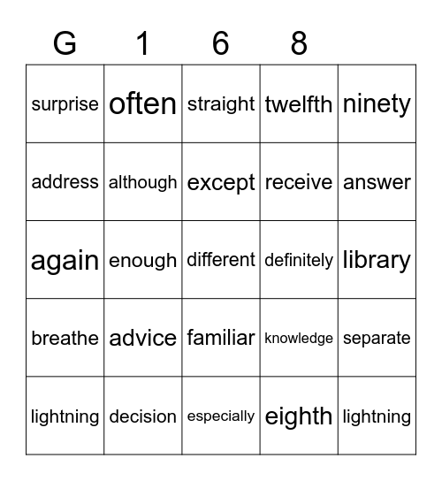 Gold 168 Bingo Card