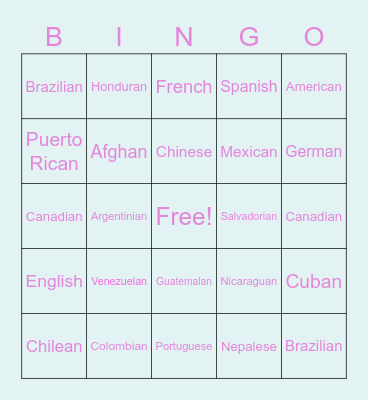 Nationalities Bingo Card