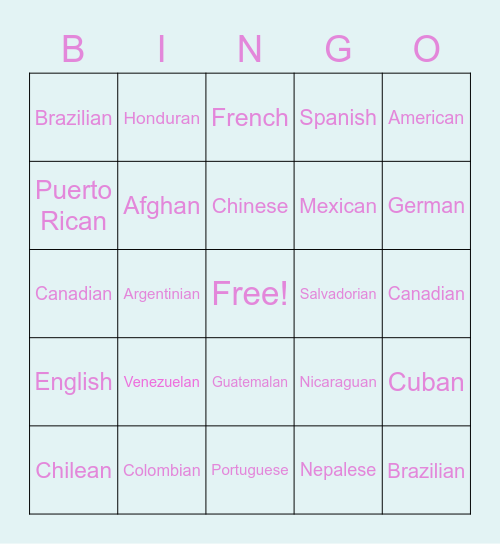 Nationalities Bingo Card