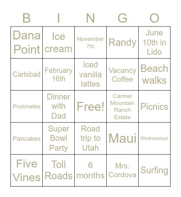 Hannah's Bridal Shower Bingo Card