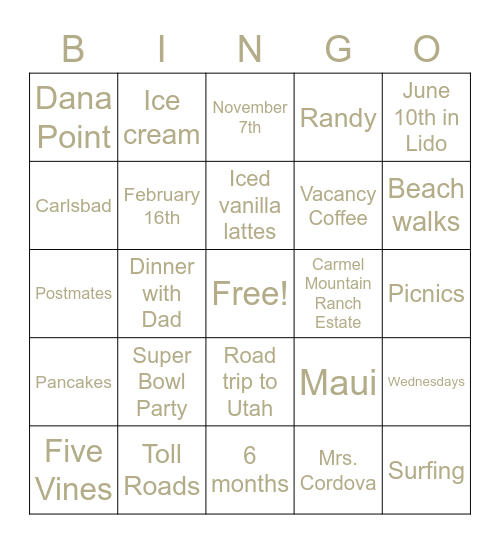 Hannah's Bridal Shower Bingo Card