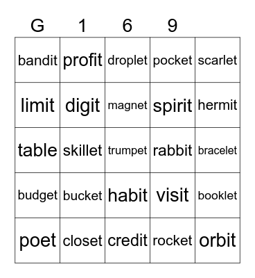Gold 169 Bingo Card