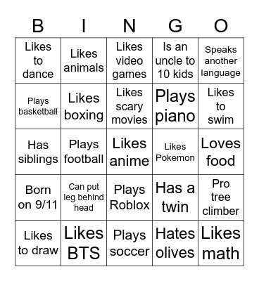 Classmate Bingo (5th grade) Bingo Card