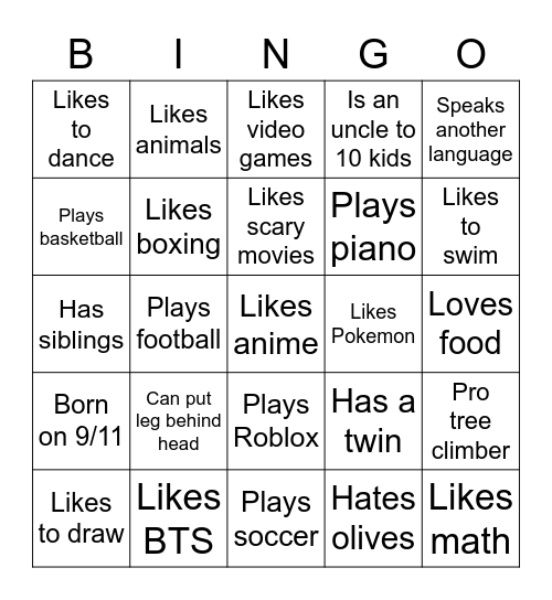 Classmate Bingo (5th grade) Bingo Card