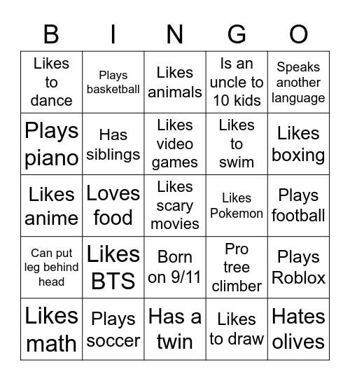 Classmate Bingo (5th grade) Bingo Card