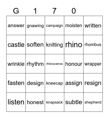 Gold 170 Bingo Card