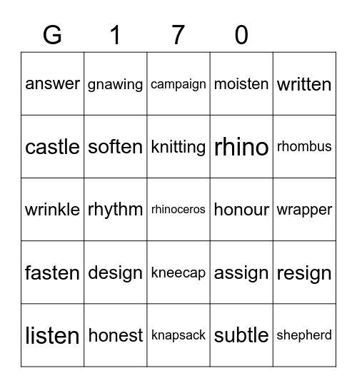 Gold 170 Bingo Card