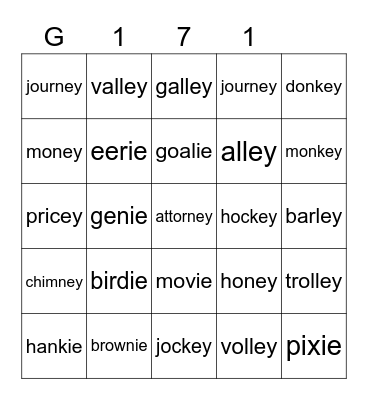 Gold 171 Bingo Card