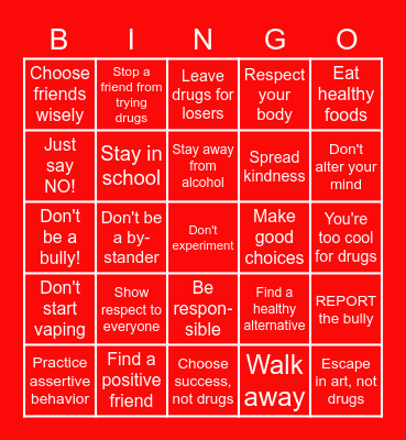 Anti-Drug/Anti-Bulling Bingo Card